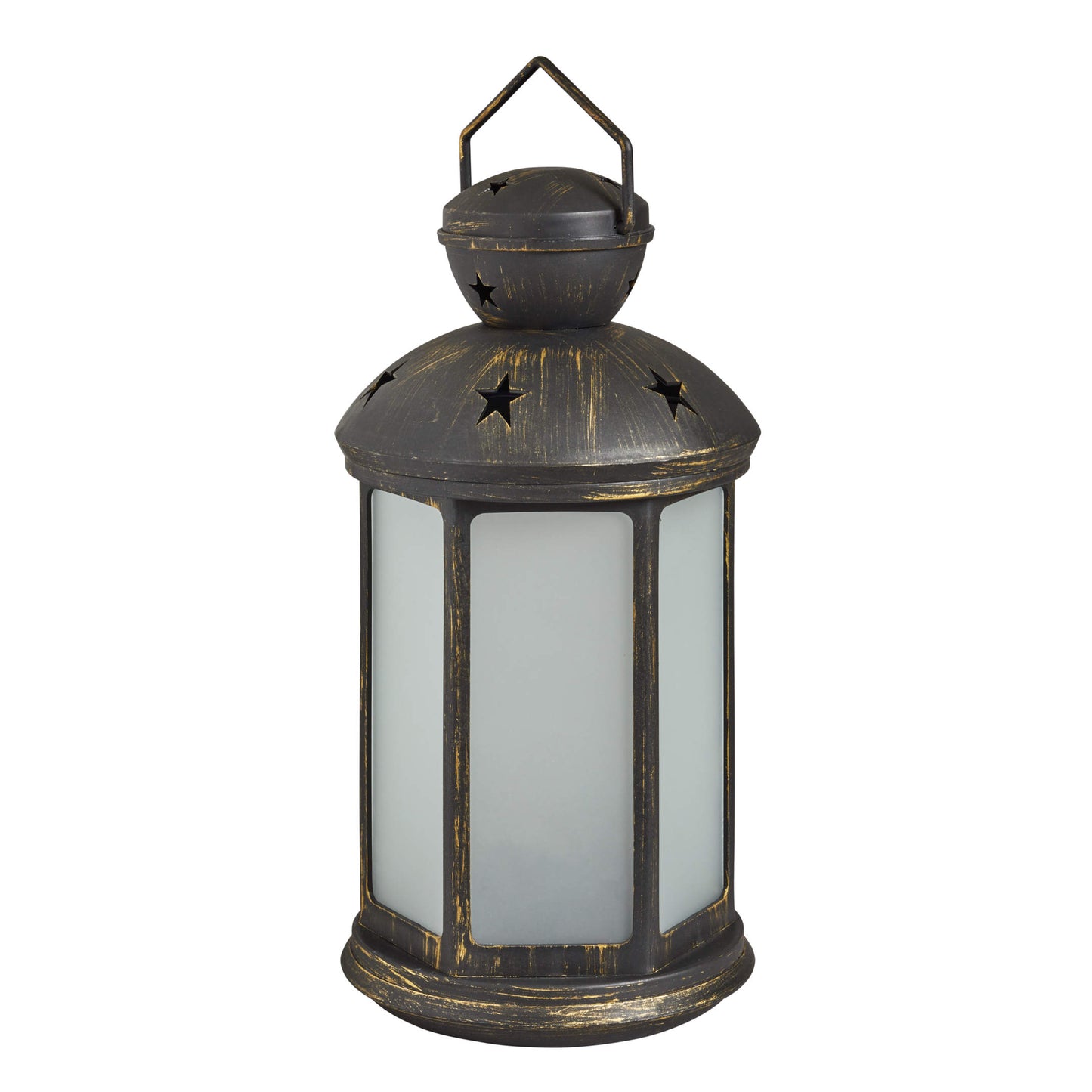 Penzance zlato-čierny lampáš na terasu s plameňovým efektom CoolFlame od Outside In designs