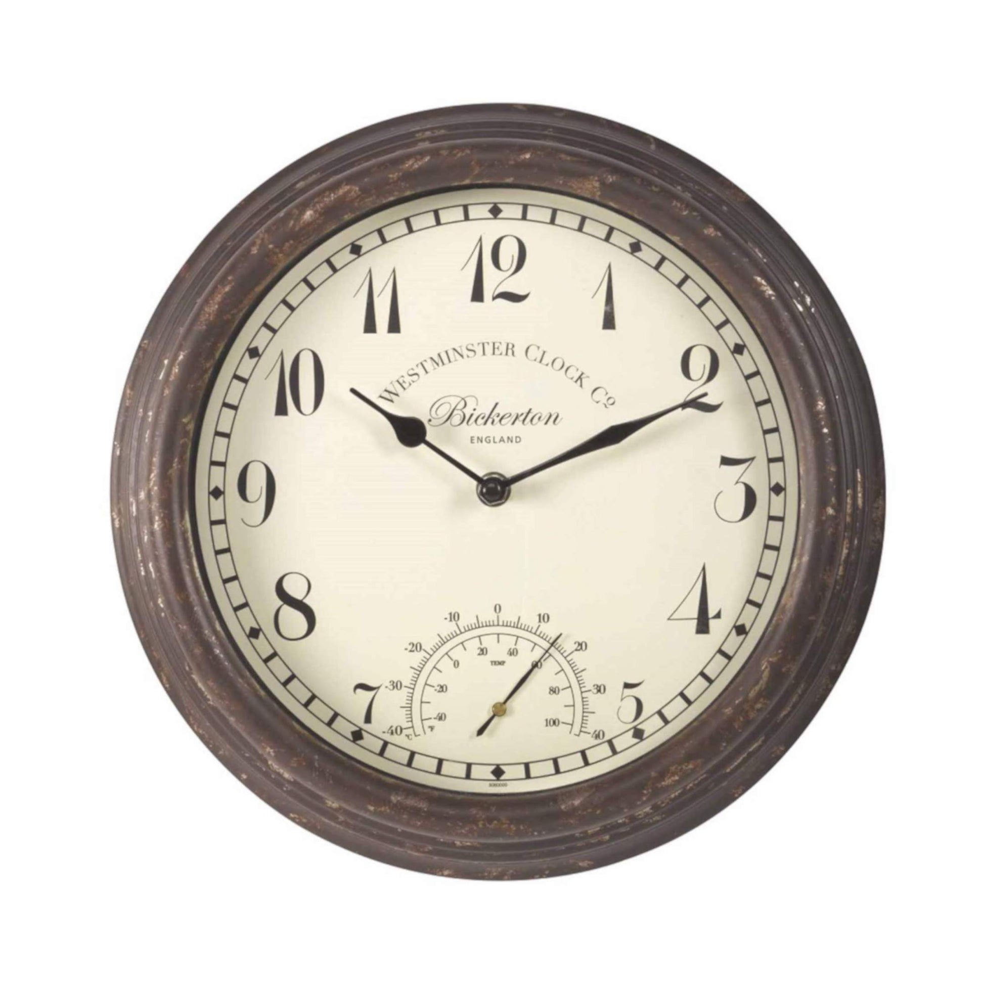 Štýlové nástenné hodiny Bickerton s výraznými arabskými číslicami a s teplomerom priemeru 30cm vhodné aj do exteriéru od OUTSIDE-IN designs