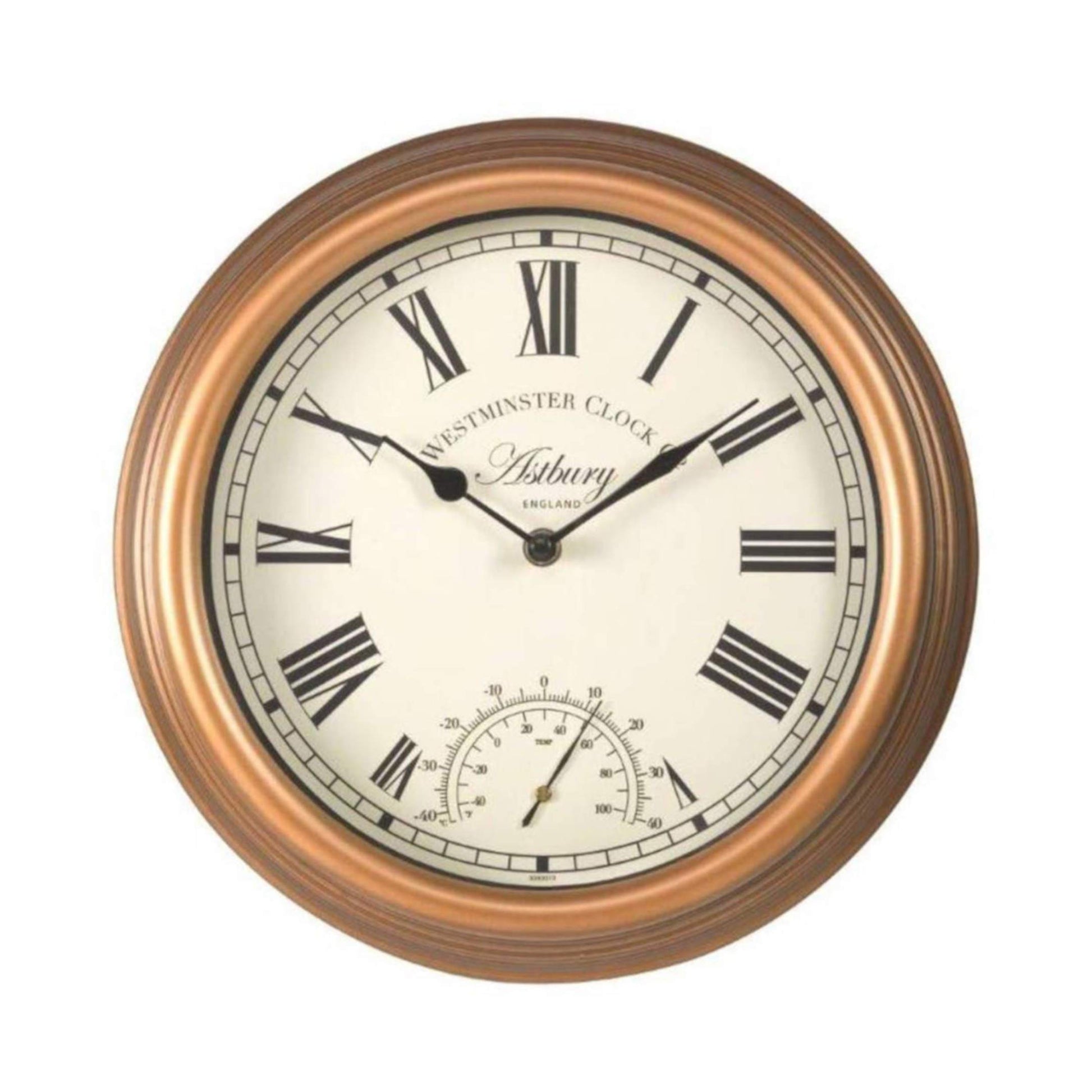 Štýlové nástenné hodiny s rímskymi číslicami a s teplomerom priemeru 30cm vhodné aj do exteriéru od OUTSIDE-IN designs