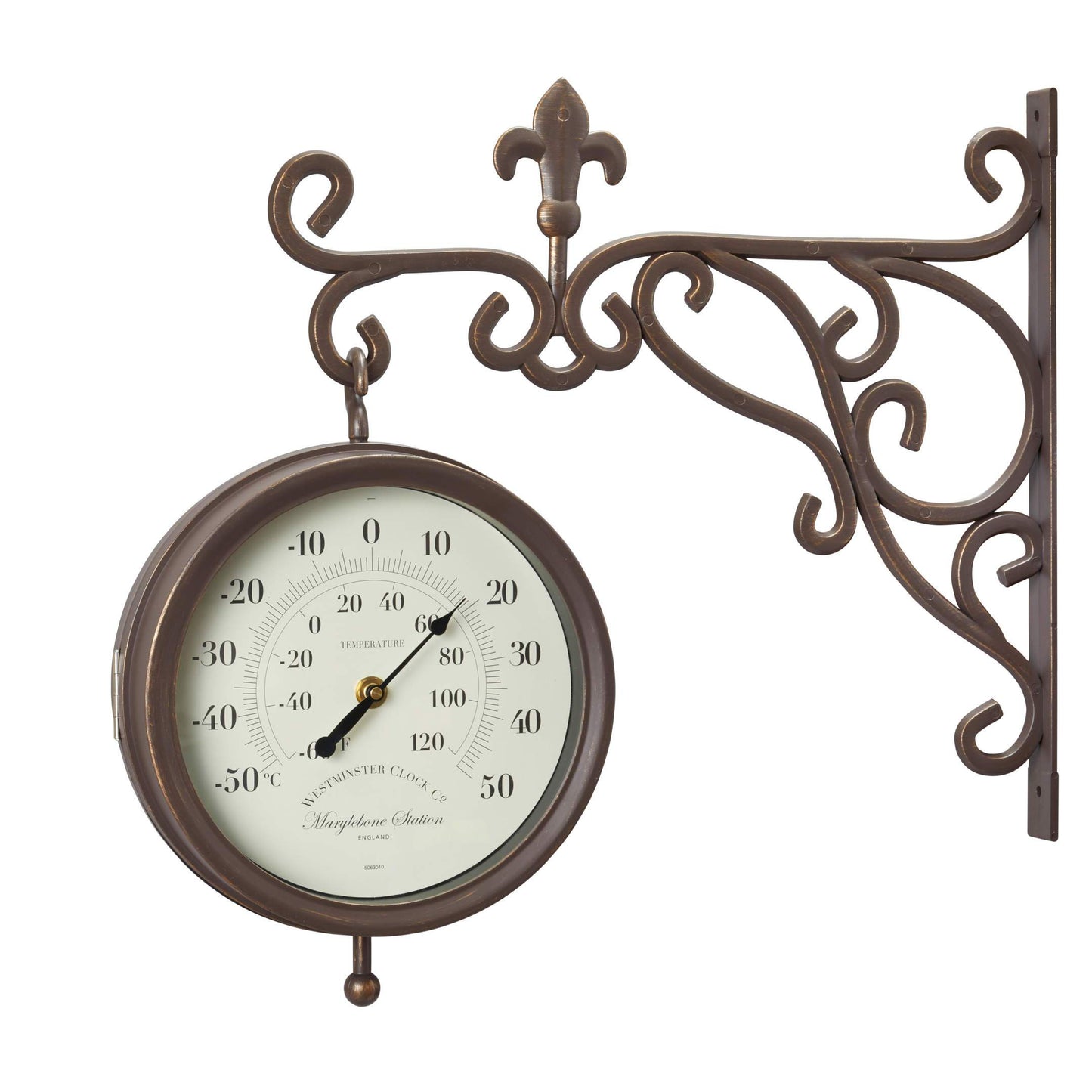 Marylebone - obojstranné staničné hodiny s teplomerom od Outside In designs