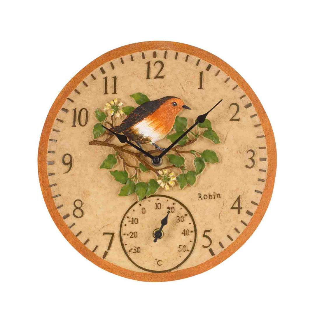 Nástenné hodiny s priemerom 30cm so zabudovaným teplomerom ozdobené slávikom 
