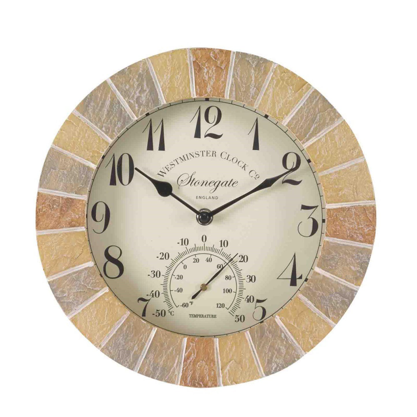 Stonegate - krásne nástenné hodiny s mozaikou okolo ciferníka a so zabudovaným teplomerom