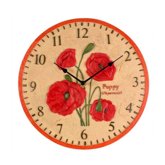 Nástenné hodiny s priemerom 30cm ozdobené makovými kvetmi