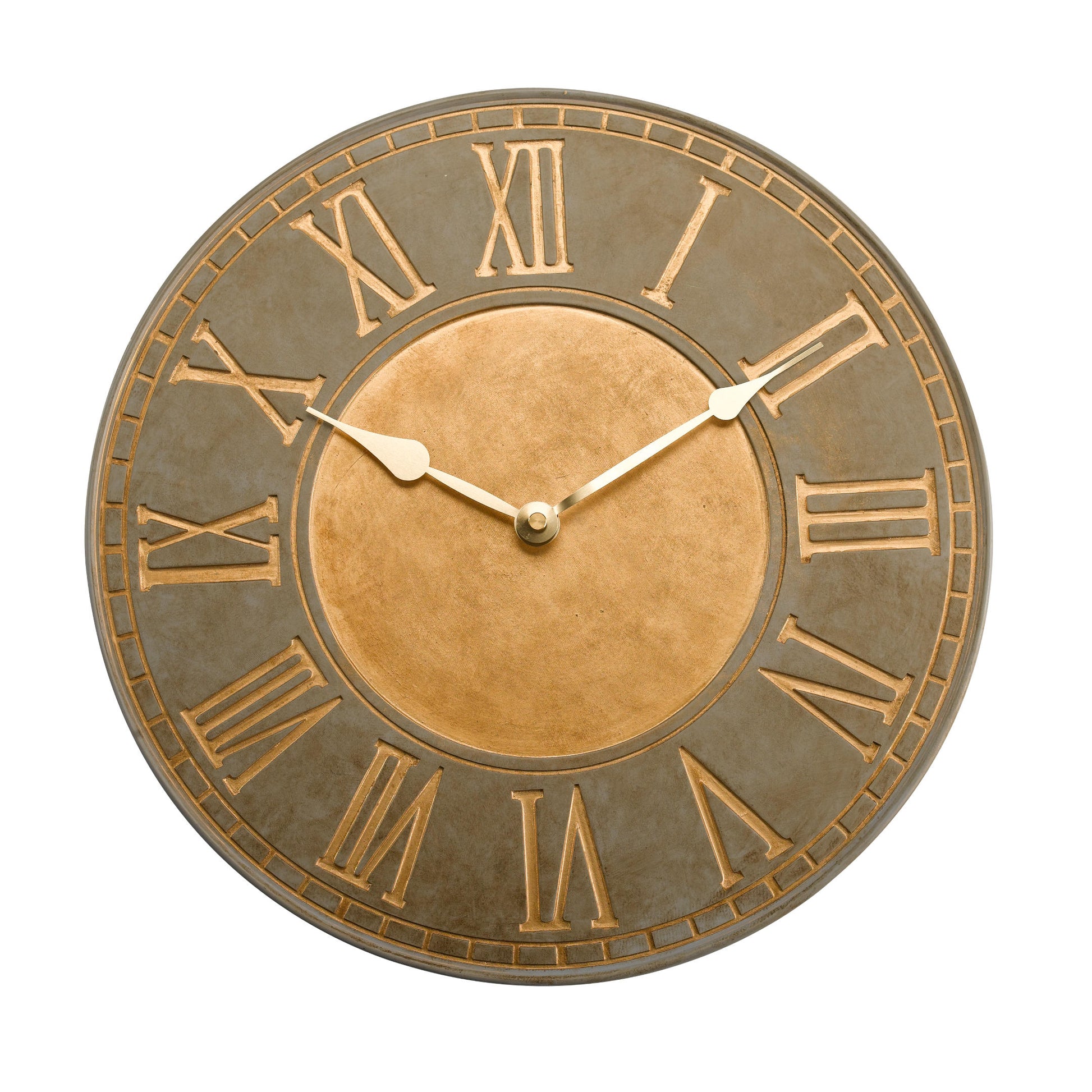 Klasické hodiny s výraznými rímskymi číslicami s povrchovou úpravou imitujúcou kovový povrch s priemerom 35cm od OUTSIDE- IN designs