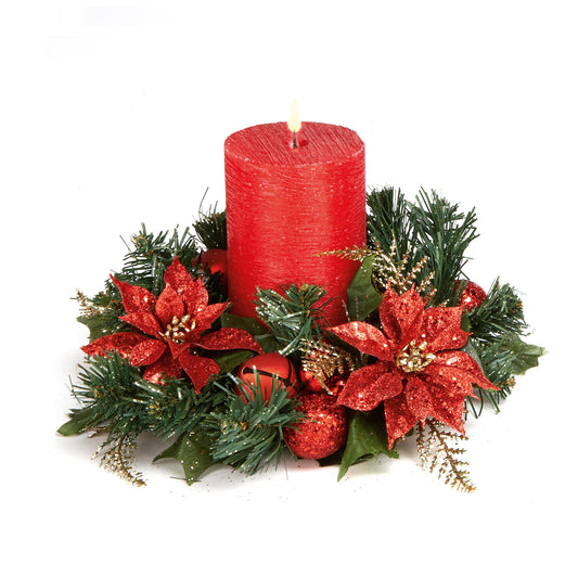 Vianočný prstenec okolo sviečky 23cm ⸱ Glitter Poinsettia Ring Red