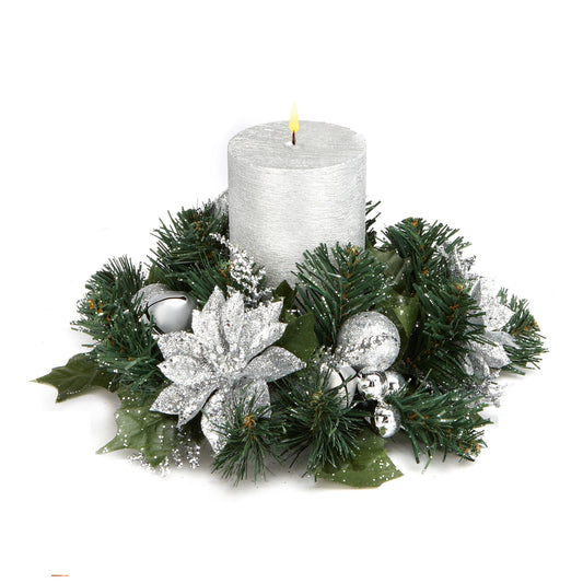Vianočný prstenec okolo sviečky 23cm ⸱ Glitter Poinsettia Ring Silver